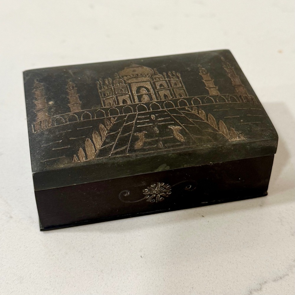 Vintage Etched Metal Taj Mahal Trinket Box Architecture Souvenir Jewelry‎ Case